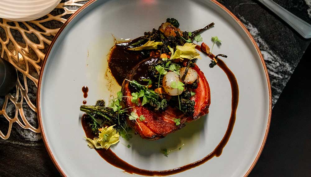 aerial view of Saverina meal and red wine