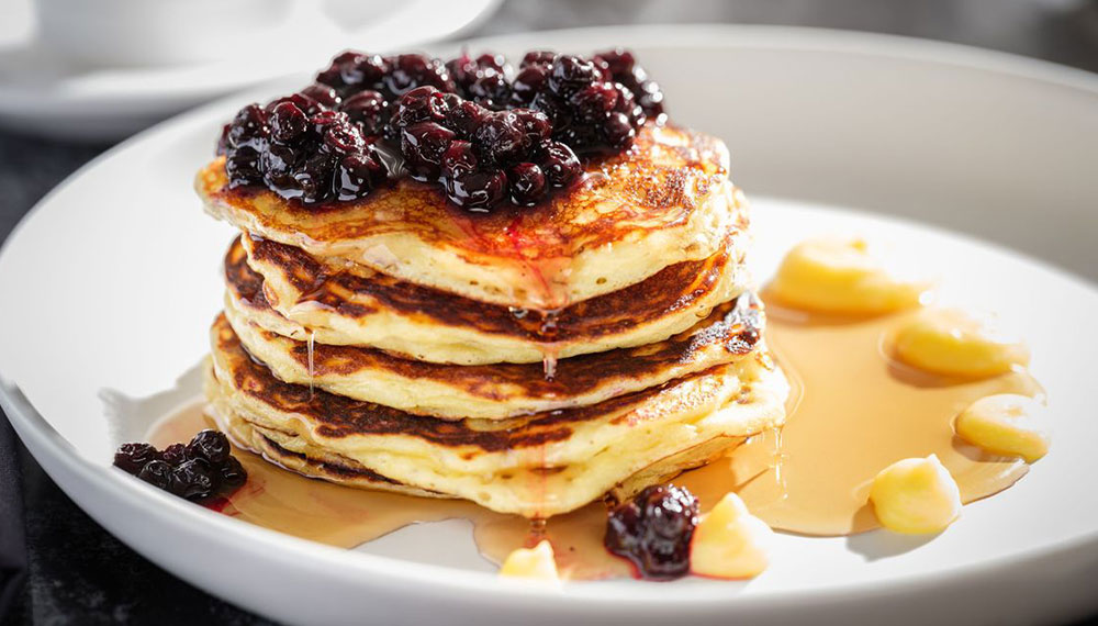Stack of berry pancakes at Saverina