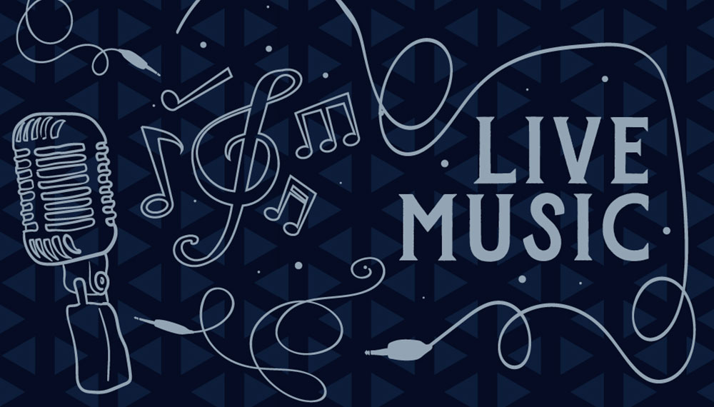 graphic with a microphone, music notes, and the words live music